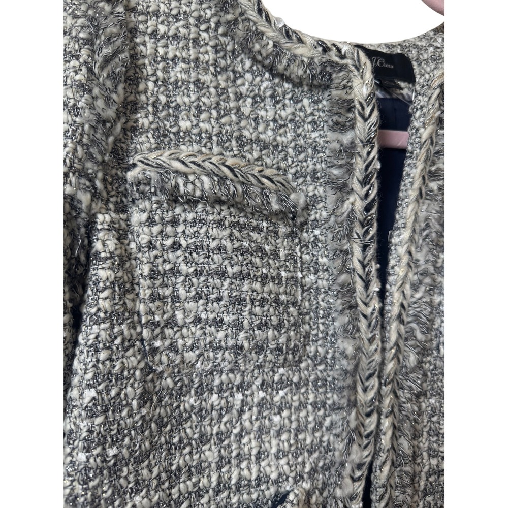 J.Crew Lady Jacket Black White Tweed Braided Trim Fringe Open Front Blazer 8 - Picture 4 of 7